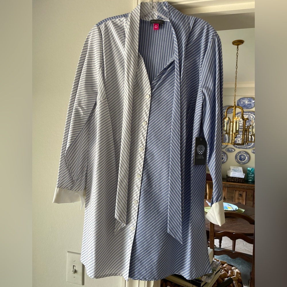 Vince Camuto blue and white stripe shift dress with sleeves and neck ties